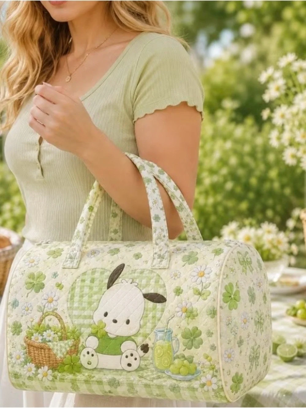 Cute Green Quilted Duffle Bag with Clover & pachacco Design